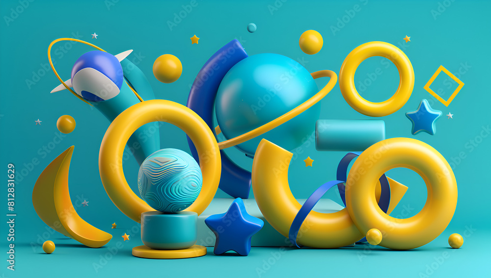 Poster a colorful abstract painting of various shapes and sizes, including circles and squares, with a blue