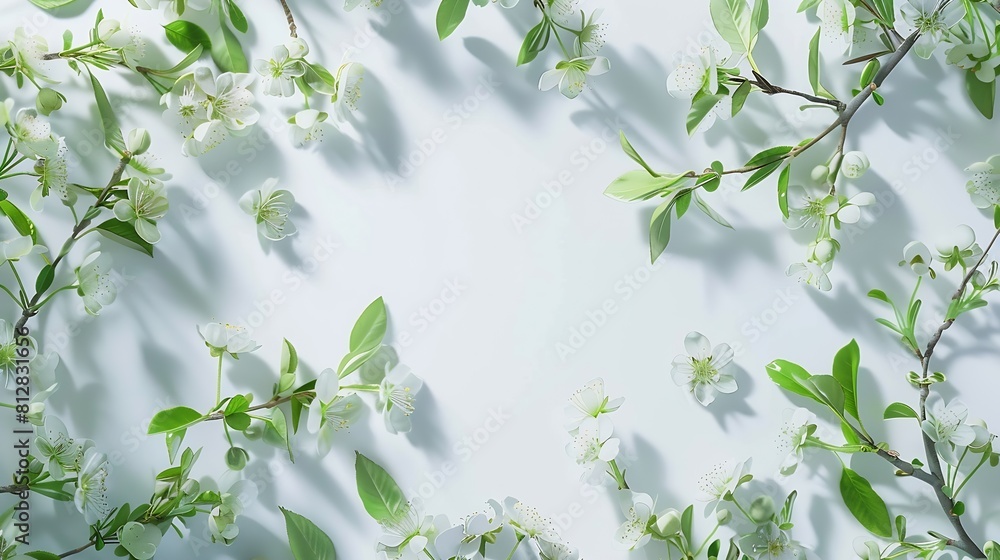 Poster creative floral nature spring layout frame from beautiful blooming spring twigs with white flowers g