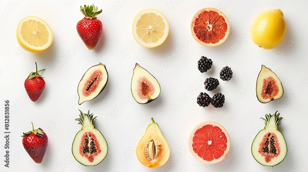 Poster Creative layout made of fruits Flat lay Strawberry figs peach grapefruit pineapple lemon kiwi raspberry kiwi and blackberry on the white background : Generative AI