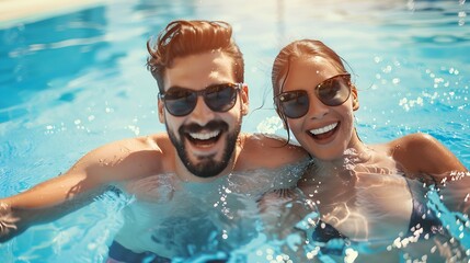 smiling happy couple having fun together in resort swimming pool summer vacation getaway travel banner with copy space : Generative AI