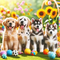 Many puppies sitting on grass with toys and flowers art photo harmony has illustrative meaning illustrator.