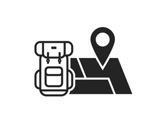 backpack and map with location pin icon. travel, hiking and vacation symbol. isolated vector illustration for tourism design