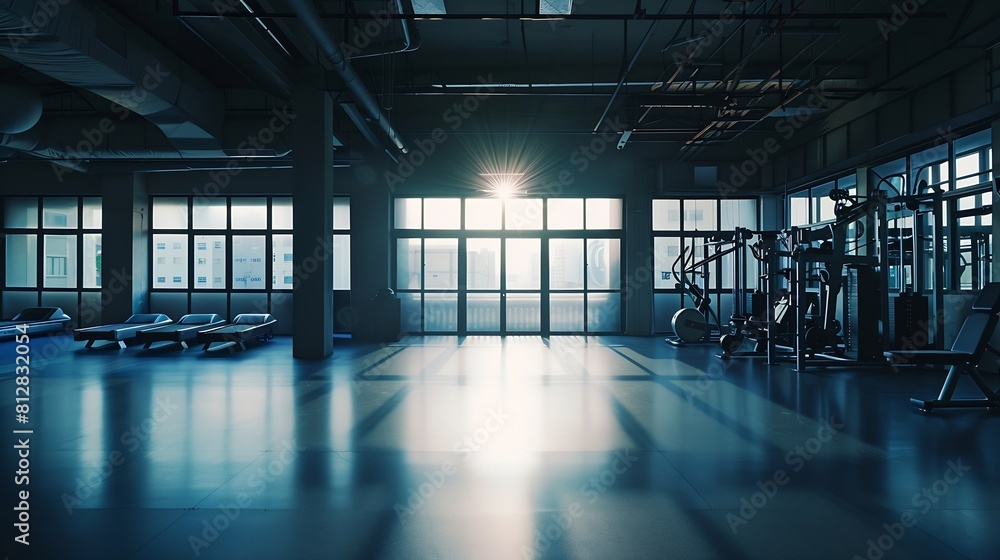 Poster Gym interior and empty space or dark room with window and light flare for exercise training and fitness workout No people sports club and floor layout of exercising venue facility and  : Generative AI