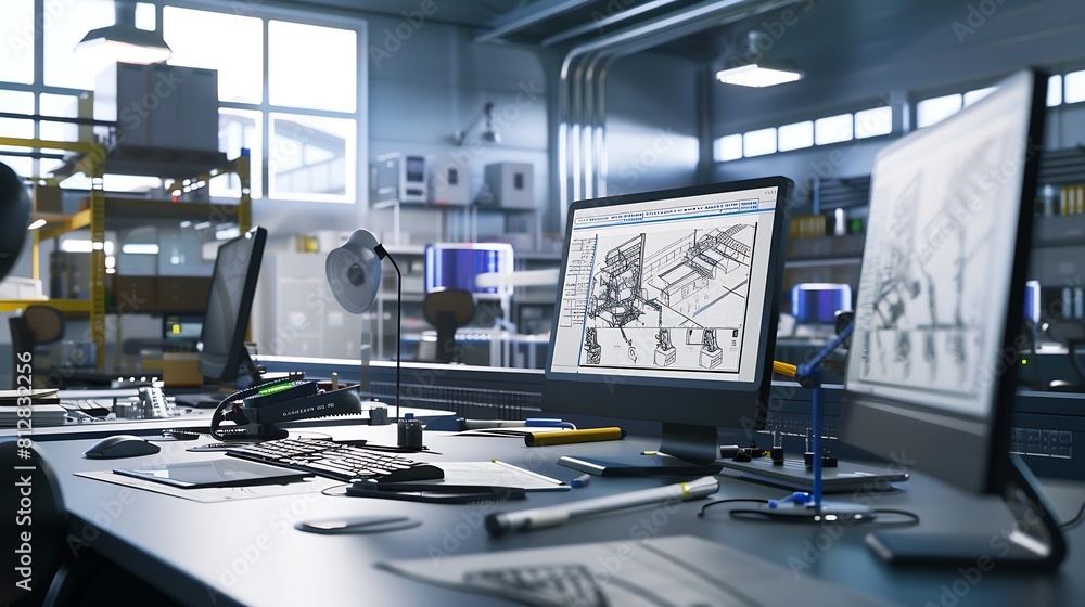 Poster factory office design agency industrial engineers drafting equipment 3d layouts of a heavy industry 