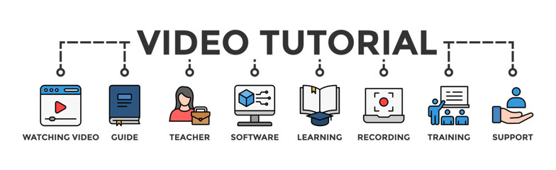 Video tutorial banner web icon vector illustration concept with icon of watching video, guide, teacher, software, learning, screen recording, online training, support