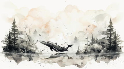 Whale song recording expedition flat design front view scientific research theme water color black and white