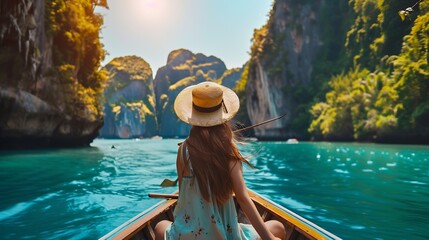 Traveler woman on boat with camera joy nature scenic landscape Ko Hong island Krabi Attraction...