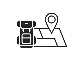 backpack and map with location pin icon. travel and vacation symbol. isolated vector illustration for tourism design