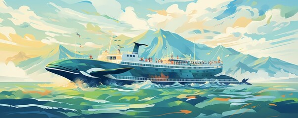 Whale watching from a tour boat flat design front view ecotourism theme water color Complementary Color Scheme
