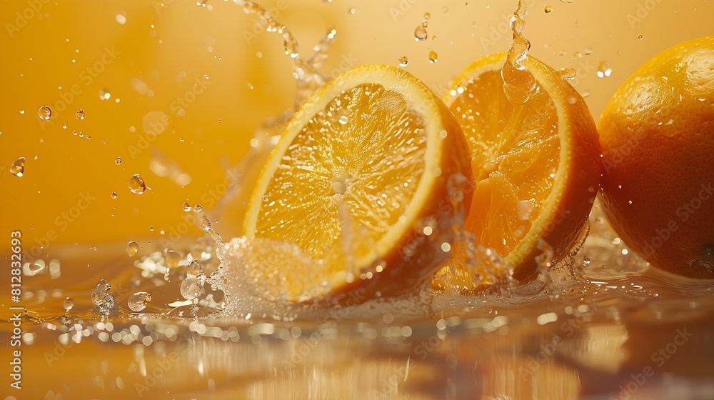 Aufkleber creative layout made from fresh sliced oranges and orange fruit and water splashing on a orange back