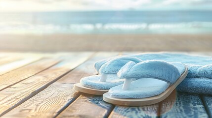 Towel and beach slippers on woodsummer background : Generative AI