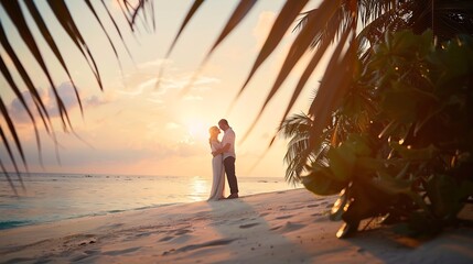 Couple on a tropical beach at Maldives : Generative AI