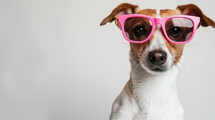Jack Russell Terrier in pink sunglasses making a funny face. Studio pet portrait. Humorous pet expressions and fashion concept.