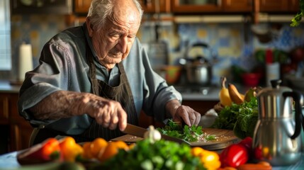 An elderly chef slicing vegetables with precision, surrounded by vibrant colors of fresh produce on the kitchen counter The close framing captures the wisdom in their culinary craft - Powered by Adobe