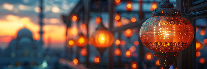 grand ramadan lanterns illuminate the night sky, accompanied by a vibrant orange light bulb