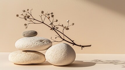 Abstract nature scene with composition of stones and dry branch Neutral beige background for...