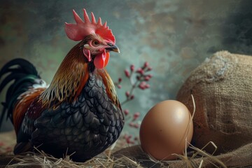 Stunning portrait of a vibrant rooster beside a fresh egg in a rustic barn setting