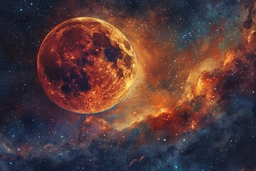 Stunning Space Art: A Mesmerizing Cosmic Scene with a Moon Planet and Starry Nebula Background