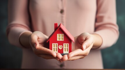 Female woman hands holding small miniature toy house Property insurance dream moving home concept
