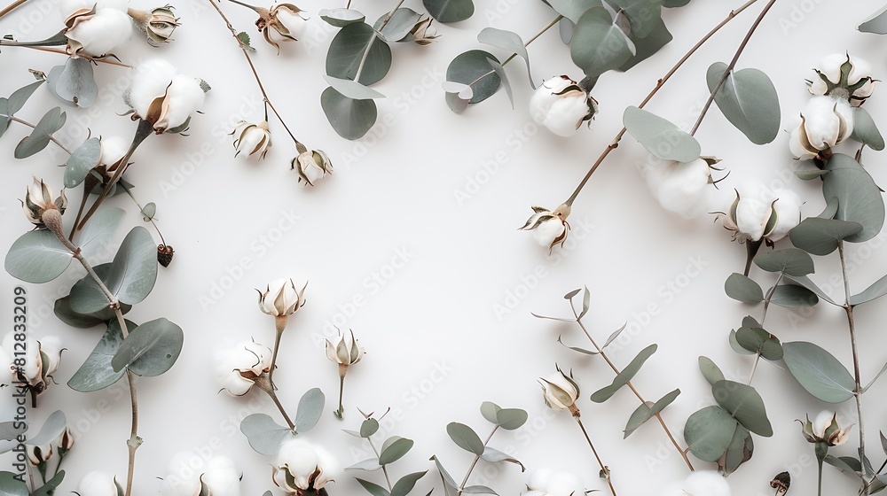 Poster flowers composition frame made of fresh eucalyptus branches and cotton flowers flat lay top view cop