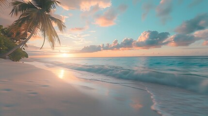 Beautiful beach with white sand turquoise ocean sunset clouds and palm tree wonderful tropical landscape : Generative AI