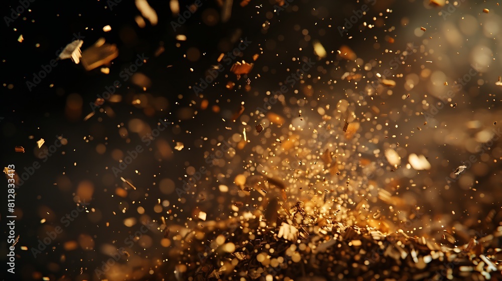 Aufkleber Dynamic Dust and Wood Chips on Black Background  Creative Design Layout with Airborne Dirt Particles for Motion Effect : Generative AI