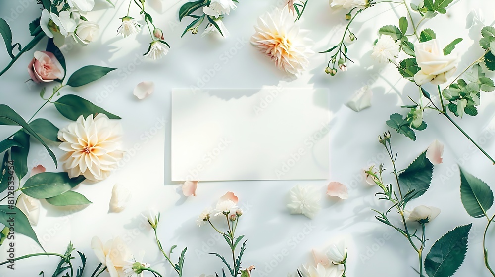 Poster creative layout made of flowers and leaves with paper card note flat lay nature concept : generative