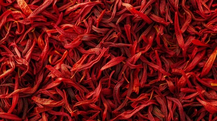 Fototapeta premium Dried saffron strands intertwined in a delicate heap, showcasing the prized spices vibrant red color The closeup framing reveals the intricate texture and cultural importance of this Iranian treasure