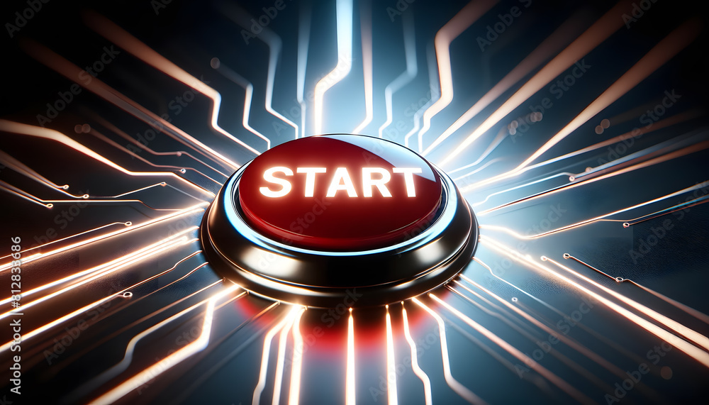 Poster concept of 'start'. it features a large red button on a sleek, metallic surface, with the word 'star
