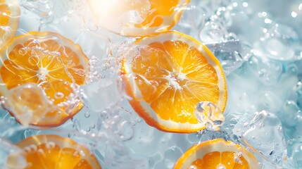 Creative summer composition made of sliced orange in transparent pool water Refreshment concept Healthy refreshing drink theme Top view : Generative AI