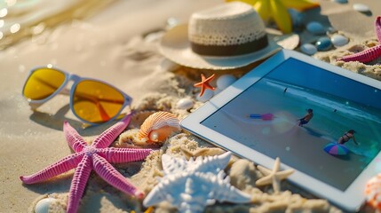 Big digital tablet and beach accessories on the sand summer vacation and online travel booking app : Generative AI