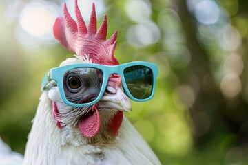 Closeup of a trendy chicken donning teal sunglasses, set against a blurred green background