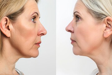 A confident mature woman profile view comparing the before and after effects of a neck lift procedure on a white background