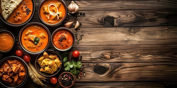 Assorted spicy Indian dishes on wooden table traditional and flavorful cuisine. Concept Indian Cuisine, Spicy Dishes, Wooden Table Setting, Flavorful Meals, Traditional Cooking