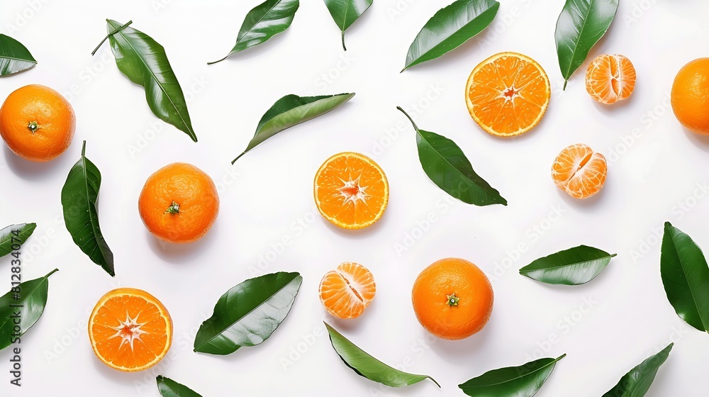 Poster fresh clementine fruit with leaves creative layout isolated on white background healthy eating and f