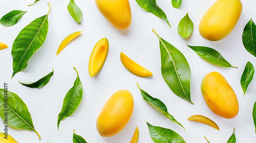 Poster creative layout made of mango and leaves flat lay food concept mango on white background : generativ