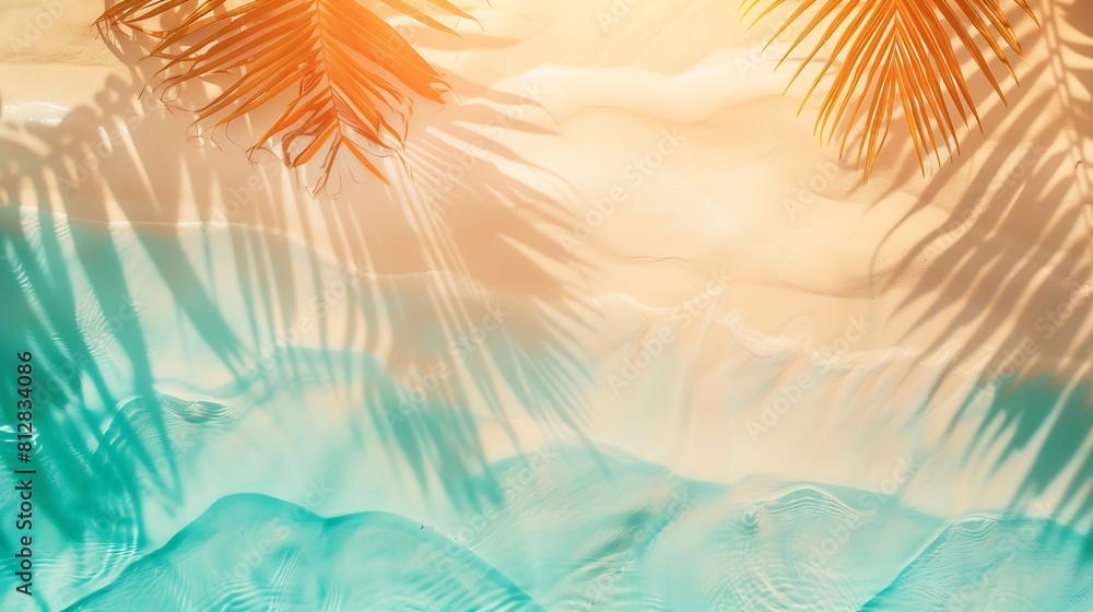 Aufkleber summer beach background with send and blurred Palm vacation and travel concept Flat lay top view copy space Minimal exotic concept Creative layout of sand waves : Generative AI