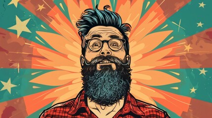 bearded man with funny expression on star-burst background