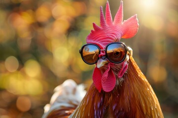 Stylish rooster posing with sunglasses against a warm, bokeh background at dawn