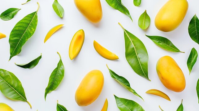 Creative layout made of mango and leaves Flat lay Food concept Mango on white background : Generative AI