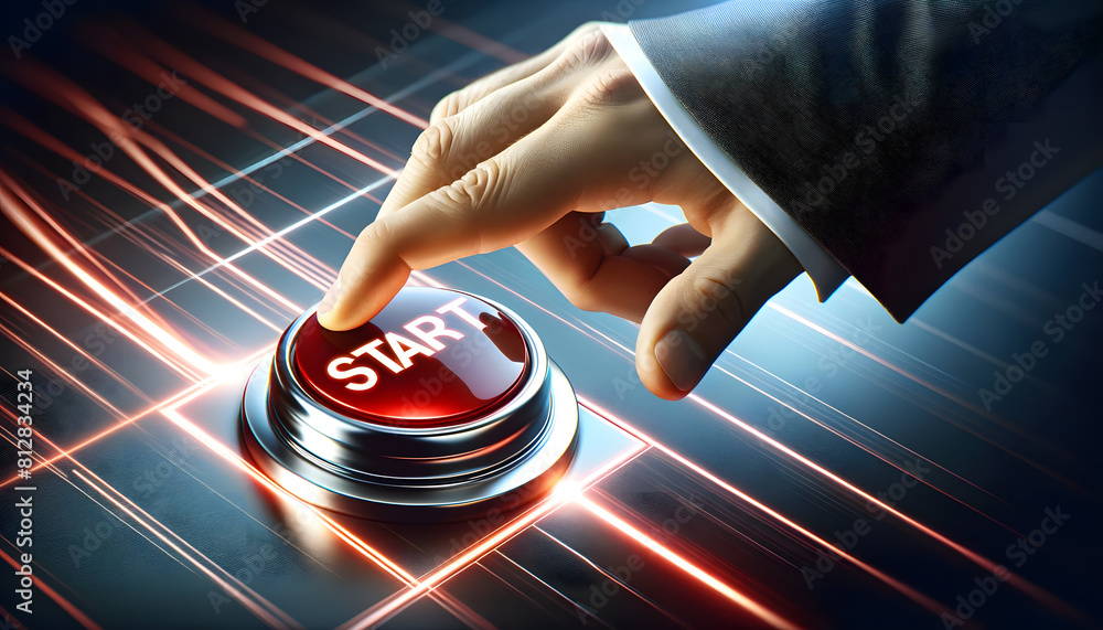 Poster concept of 'start'. it features a large red button on a sleek, metallic surface, with the word 'star