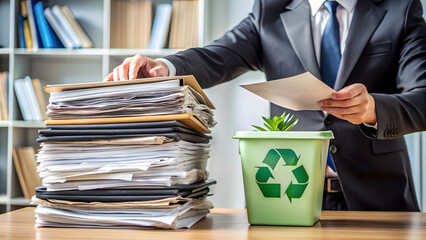 Employee Recycling Paper: Reducing Waste and Reusing Resources. Perfect for: Earth Day, Sustainability Awareness Week, paper waste reduction, resource conservation, environmental responsibility.