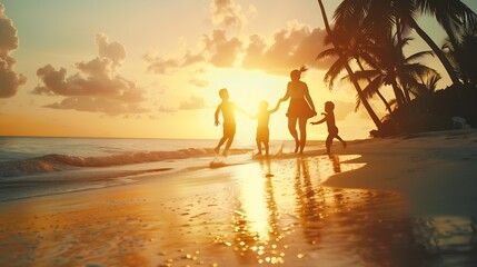 Holiday travel concept Summer vacations Happy family are having fun on a tropical beach in sunset Father and mother and children playing together outdoor on sea : Generative AI