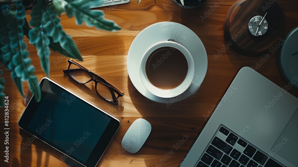 Aufkleber Top view of office work space wooden desk table with laptop notebookkeyboardeyeglassesphone and cup of coffeeWith a copy space flat layMock up : Generative AI