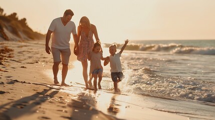 Family of four having fun at the beach : Generative AI