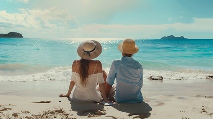 A beautiful tourist couple with hats sits on a tropical beach and enjoys the view to the turquoise ocean during their summer holiday : Generative AI