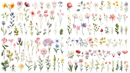 Set of watercolor wildflowers painting isolated on clear png background and transparent background. Fresh and nature concept for nature decorative and flower element, AI generative.	
