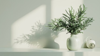 Christmas New Year home decor Empty white wall mock up with green fir branches in a vase on a white table Mock up for displaying works : Generative AI