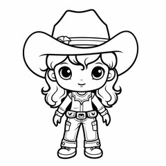 Child coloring a page with a girl wearing a cowboy hat. Kids coloring page