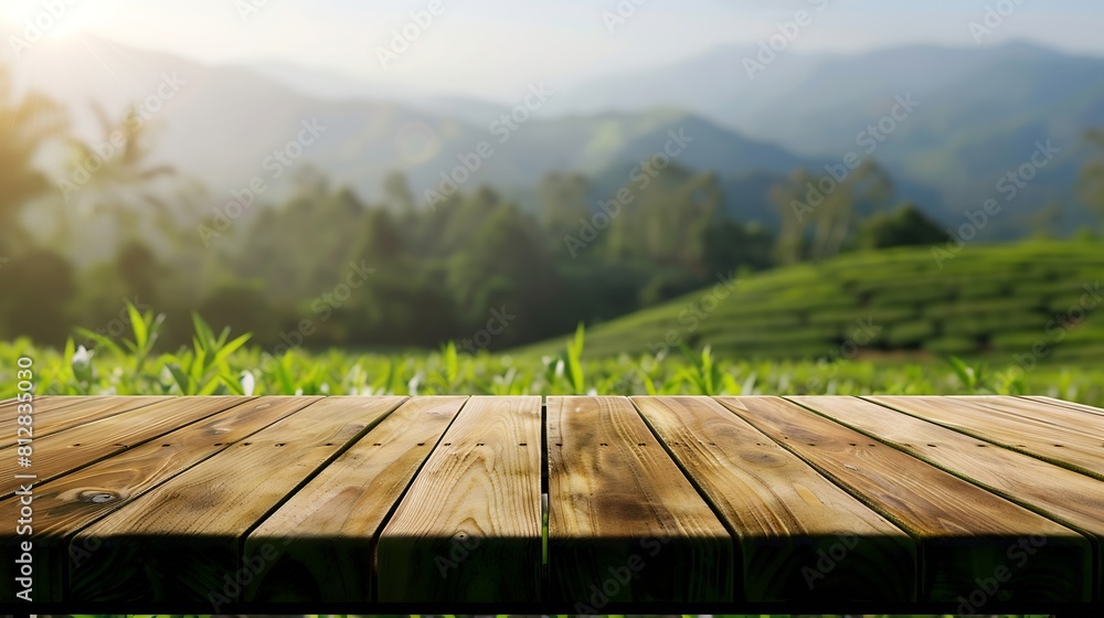 Poster wooden table top on blur green tea mountain and grass fieldfresh and relax conceptfor montage produc